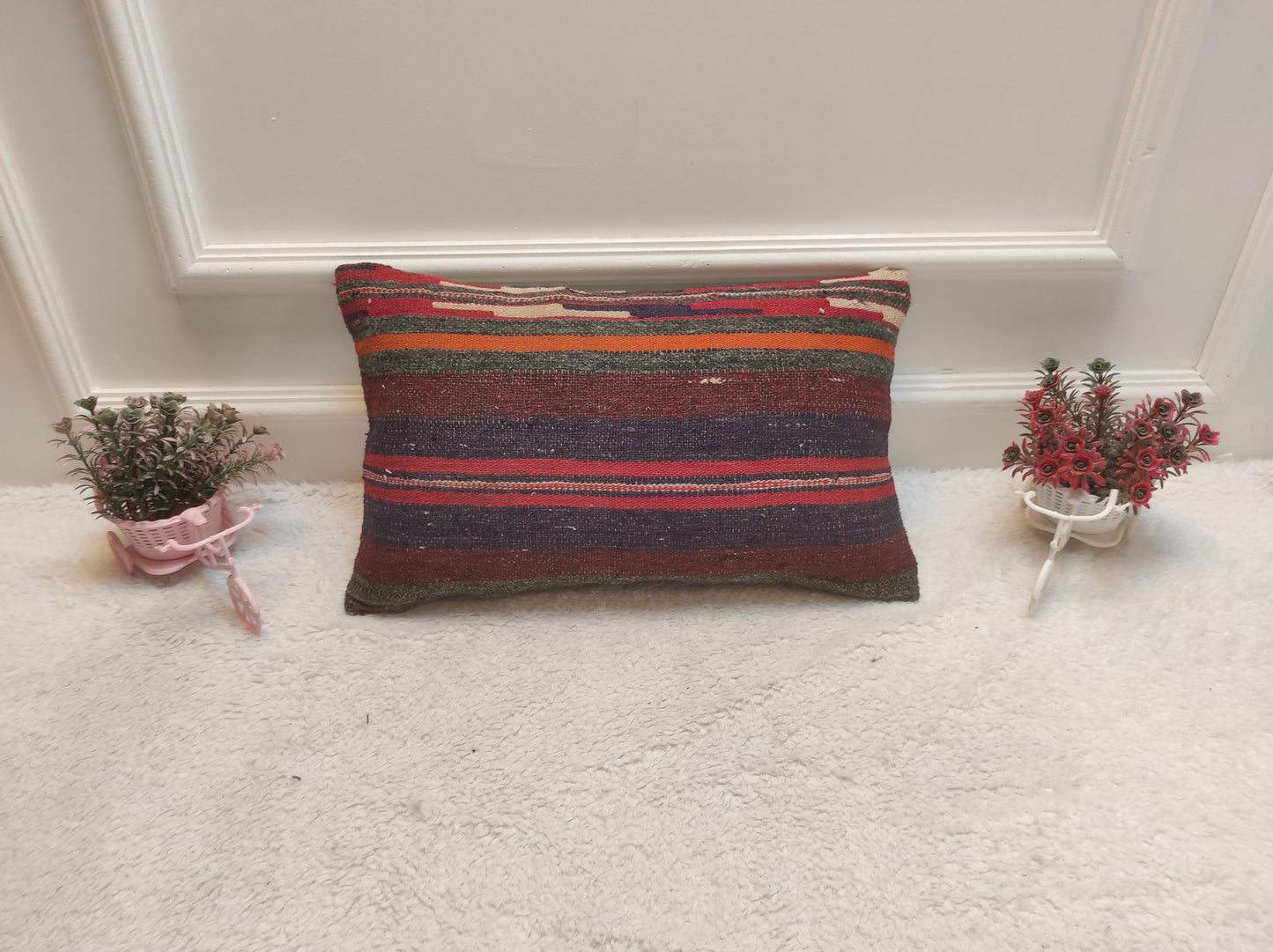 Handmade Kilim Pillow Cover: Upcycled Woven Rug, Bohemian Decor (12x20)