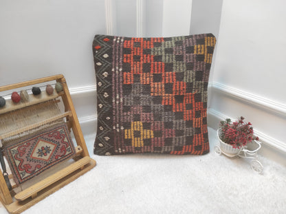 Handmade Kilim Pillow Cover: Upcycled Woven Rug, 20x20 in