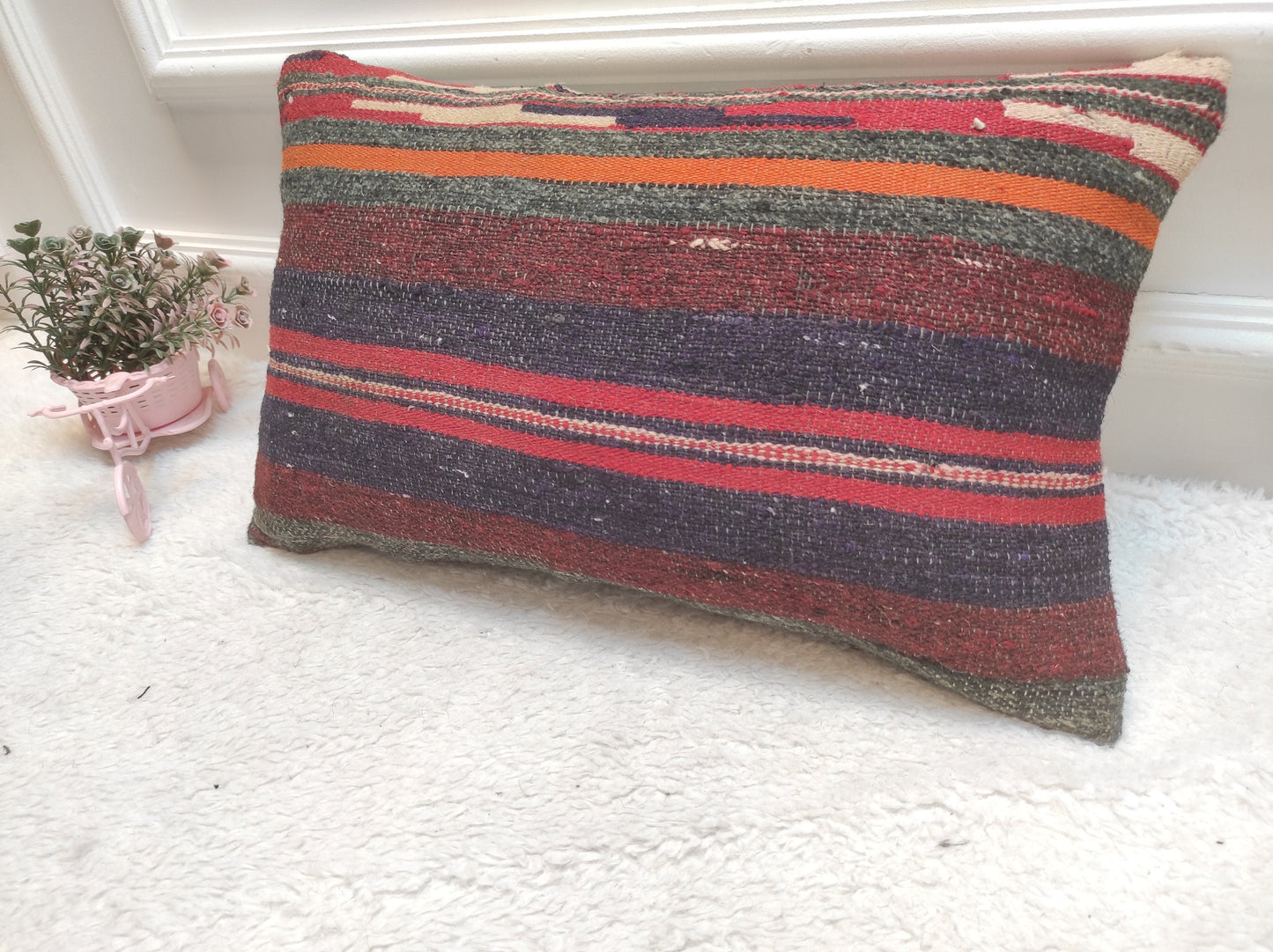 Handmade Kilim Pillow Cover: Upcycled Woven Rug, Bohemian Decor (12x20)
