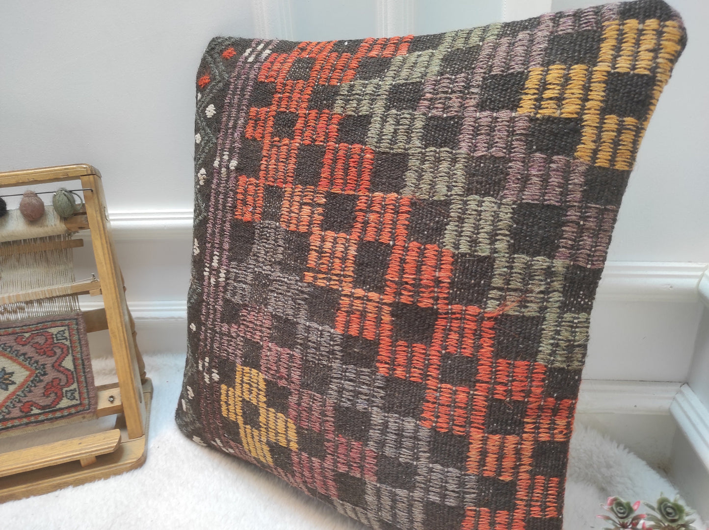 Handmade Kilim Pillow Cover: Upcycled Woven Rug, 20x20 in