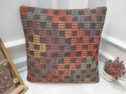 Handmade Kilim Pillow Cover: Upcycled Woven Rug, 20x20