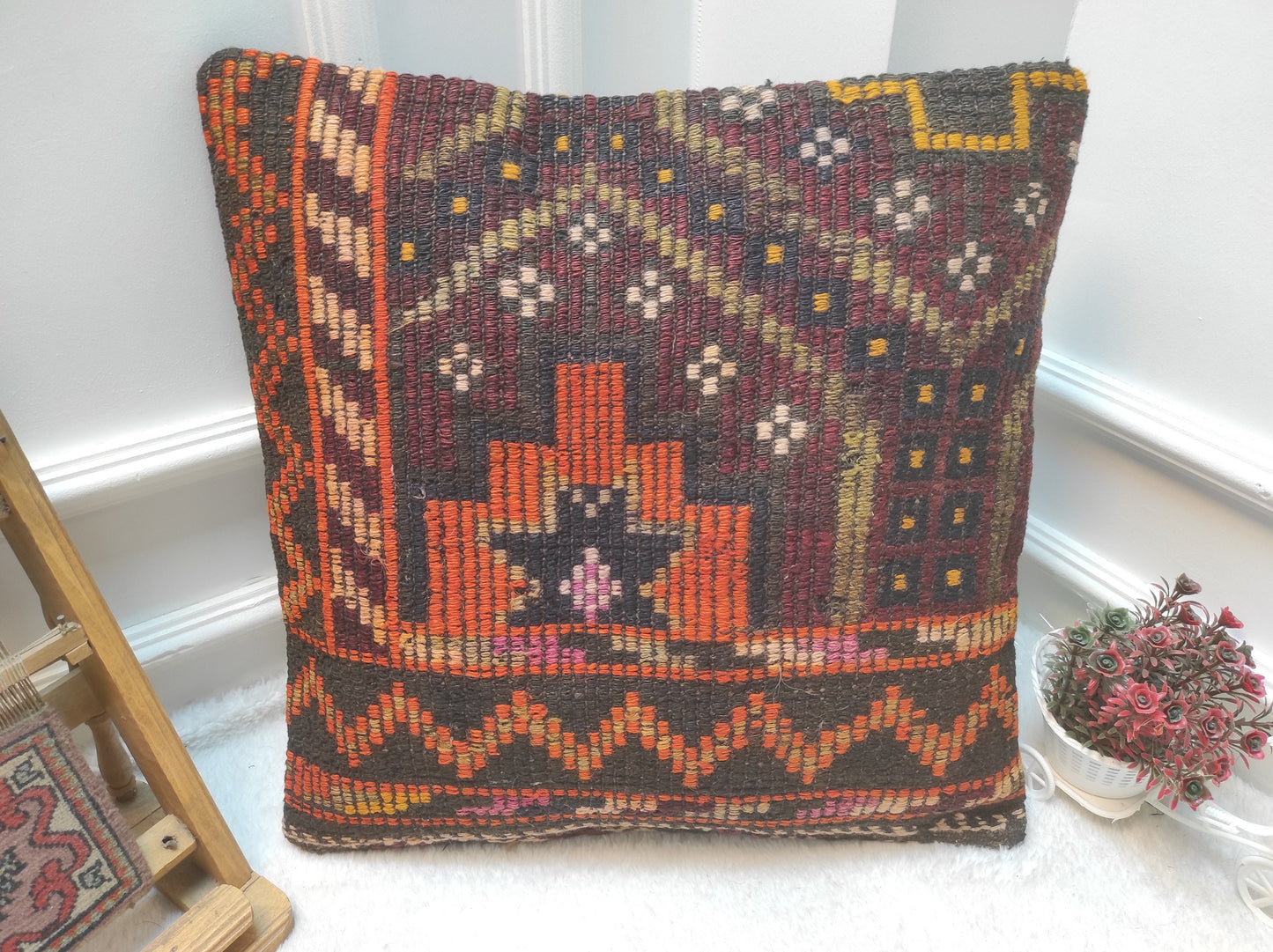 Handmade Kilim Pillow Cover: Upcycled Anatolian Rug, 20x20