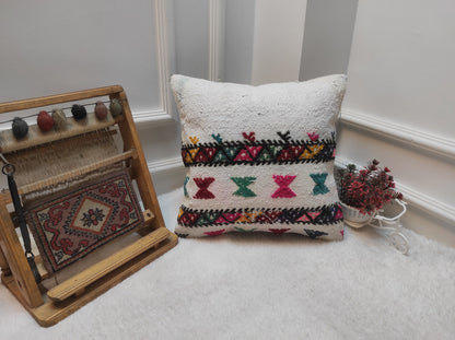 Handmade Kilim Pillow Cover: White Anatolian Woven Rug, 16x16 Inch