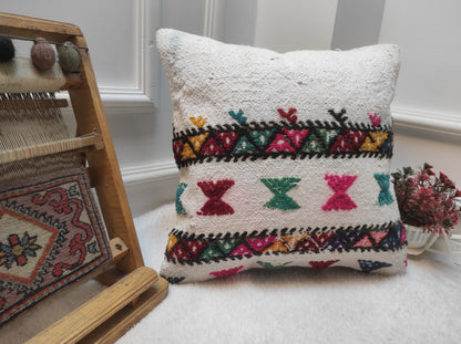 Handmade Kilim Pillow Cover: White Anatolian Woven Rug, 16x16 Inch