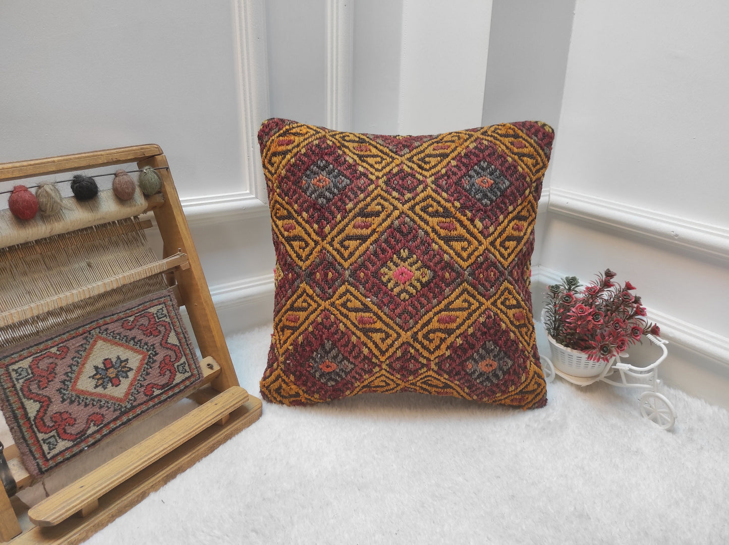 Handmade Kilim Pillow Cover: Bohemian Woven Rug Pillow (16X16 inc.)