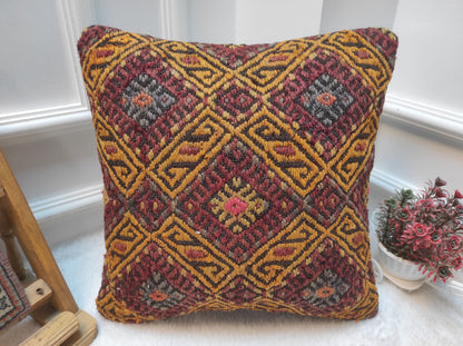 Handmade Kilim Pillow Cover: Bohemian Woven Rug Pillow (16X16 inc.)