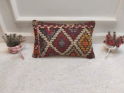 Handmade Kilim Lumbar Pillow Cover: Turkish Woven Rug Pillow (12x20 in)