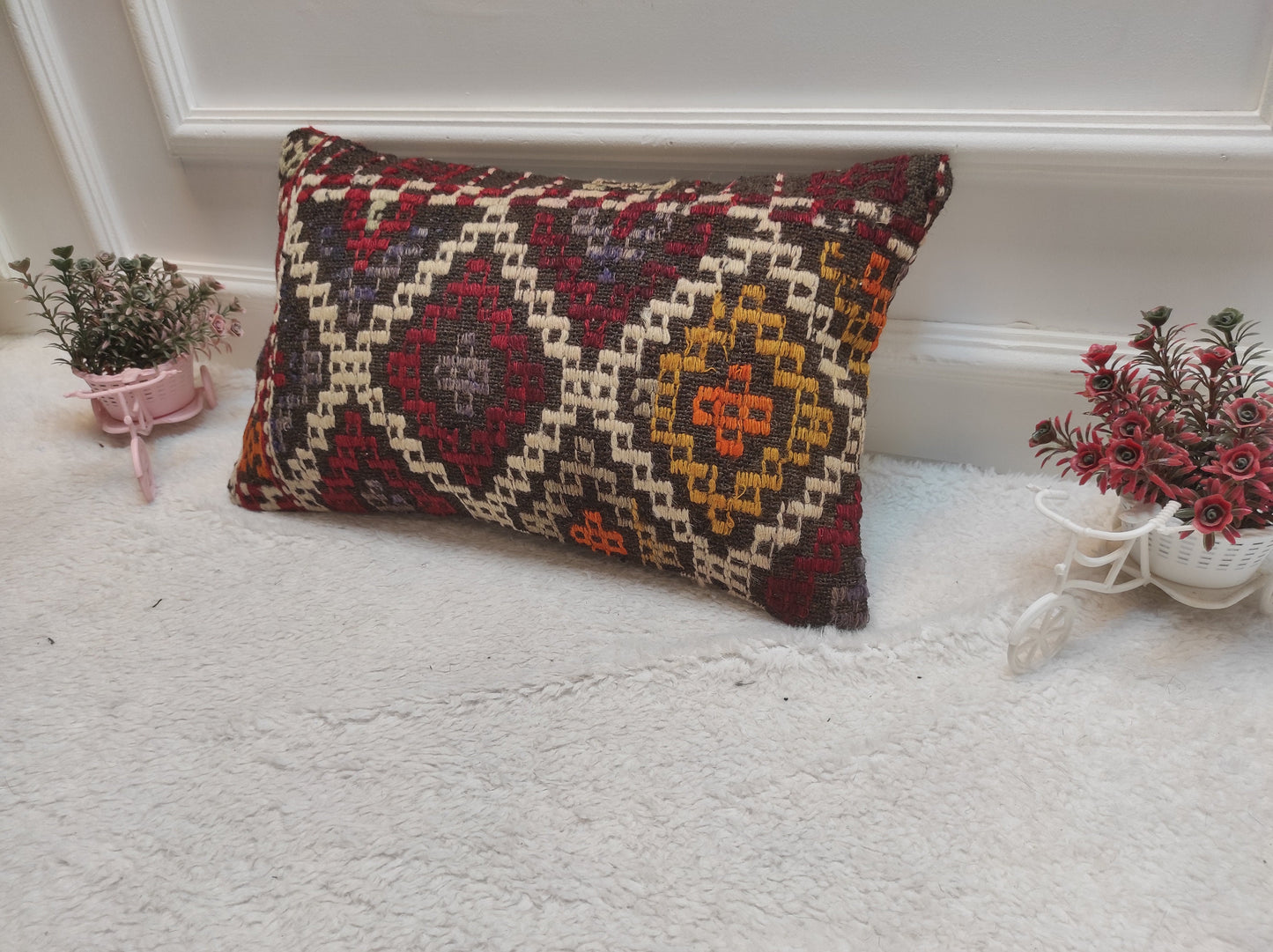 Handmade Kilim Lumbar Pillow Cover: Turkish Woven Rug Pillow (12x20 in)