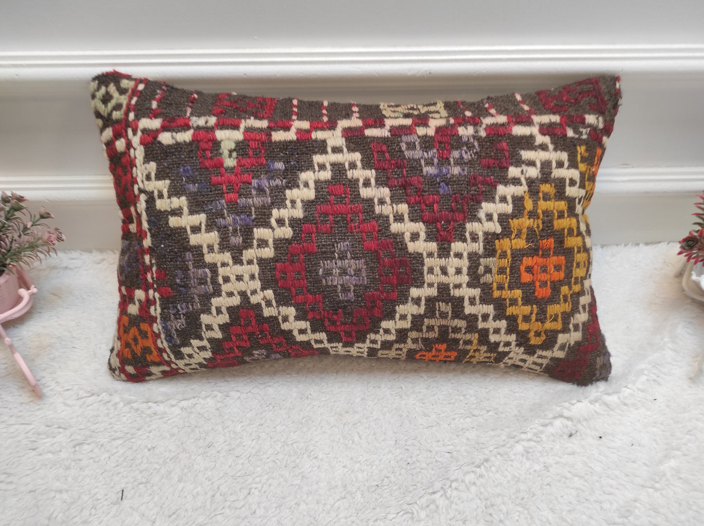 Handmade Kilim Lumbar Pillow Cover: Turkish Woven Rug Pillow (12x20 in)