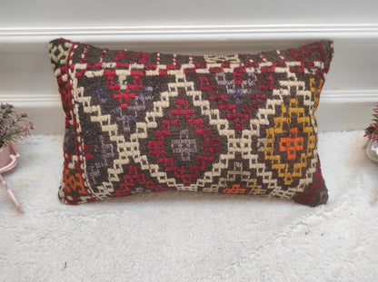 Handmade Kilim Lumbar Pillow Cover: Turkish Woven Rug Pillow (12x20 in)