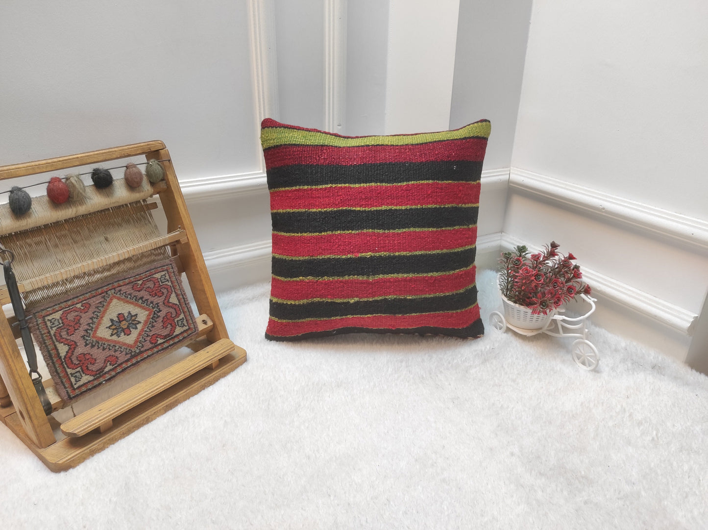 Handmade Kilim Pillow Cover: Upcycled Woven Rug, Red & Black (16x16 inch)