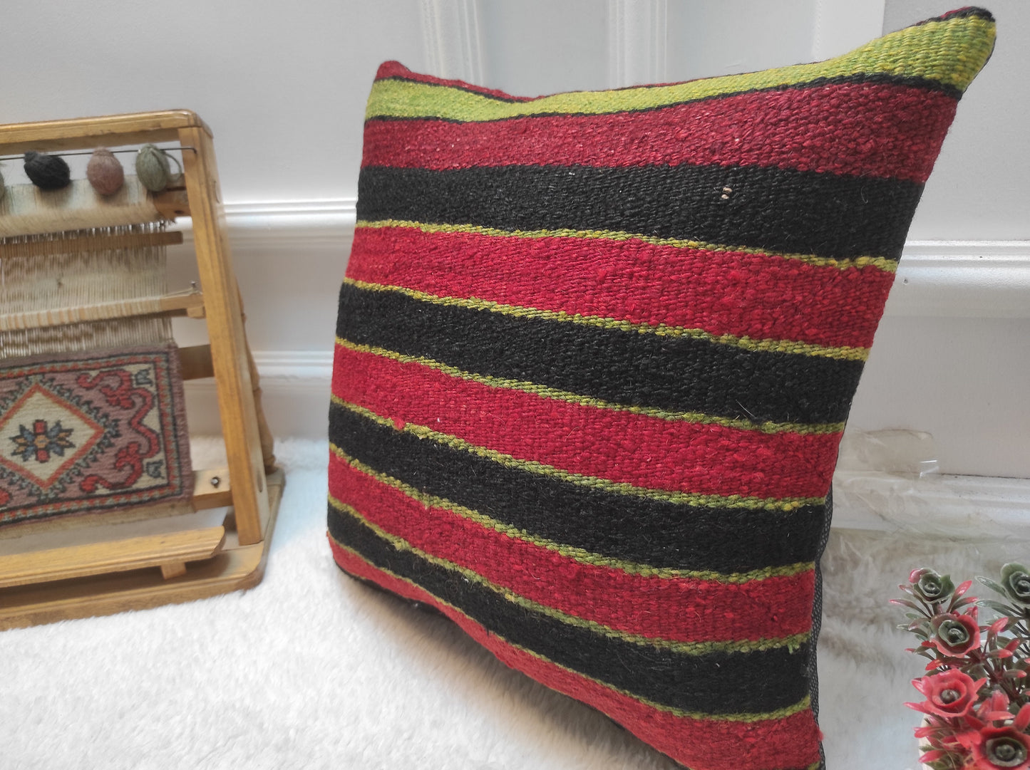 Handmade Kilim Pillow Cover: Upcycled Woven Rug, Red & Black (16x16 inch)