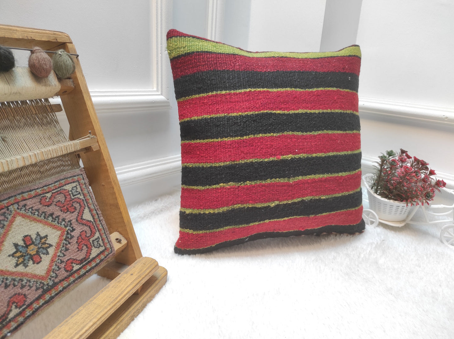 Handmade Kilim Pillow Cover: Upcycled Woven Rug, Red & Black (16x16 inch)