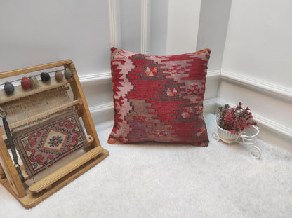 Handwoven Kilim Pillow Cover: Upcycled Tribal Rug, 16x16