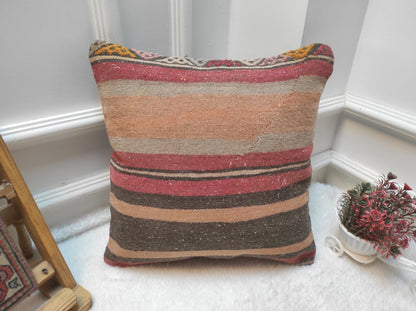 Handmade Kilim Pillow Cover: Upcycled Woven Rug, Bohemian Decor (16x16 cm)