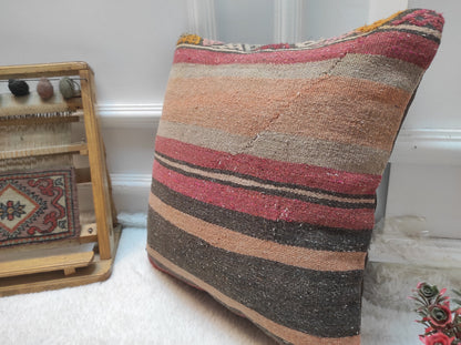 Handmade Kilim Pillow Cover: Upcycled Woven Rug, Bohemian Decor (16x16 cm)