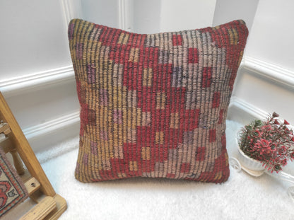 Handmade Kilim Pillow Cover: Vintage Woven Wool, 16x16 Inch