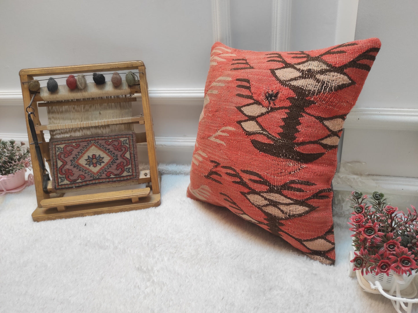 Handmade Red Kilim Pillow Cover: Turkish Woven Rug, 16x16 Inc