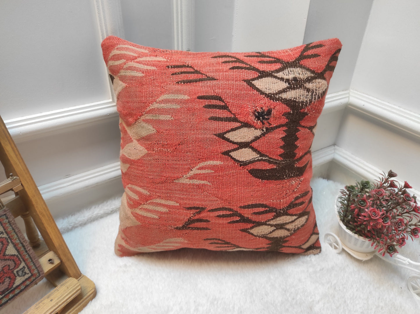 Handmade Red Kilim Pillow Cover: Turkish Woven Rug, 16x16 Inc