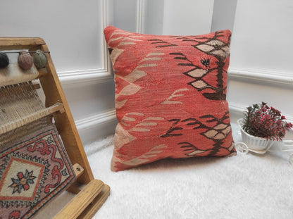 Handmade Red Kilim Pillow Cover: Turkish Woven Rug, 16x16 Inc