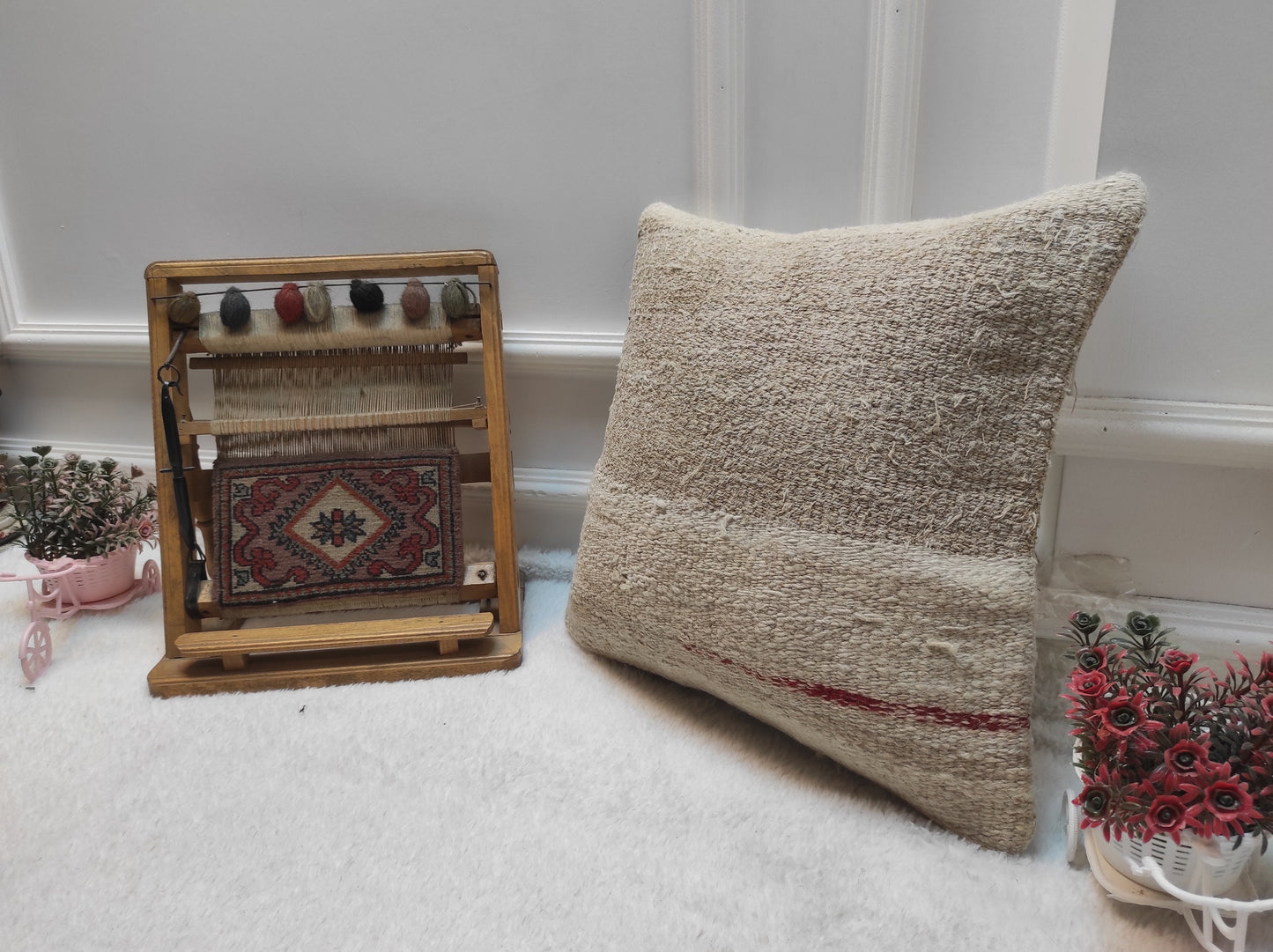 Handmade Kilim Pillow Cover: Upcycled Turkish Rug, White 16x16