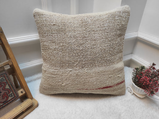 Handmade Kilim Pillow Cover: Upcycled Turkish Rug, White 16x16