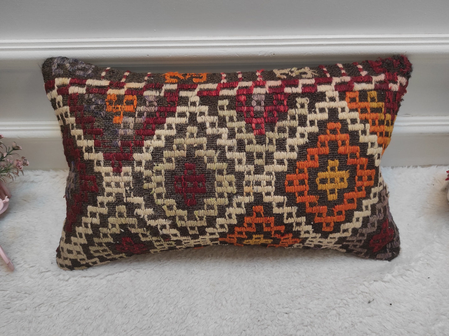 Handmade Kilim Pillow Cover: Upcycled Woven Rug, Ethnic Decor (12x20 inc)