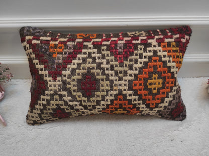 Handmade Kilim Pillow Cover: Upcycled Woven Rug, Ethnic Decor (12x20 inc)