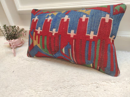 Red Kilim Lumbar Pillow Cover: Turkish Woven Rug, 12x20