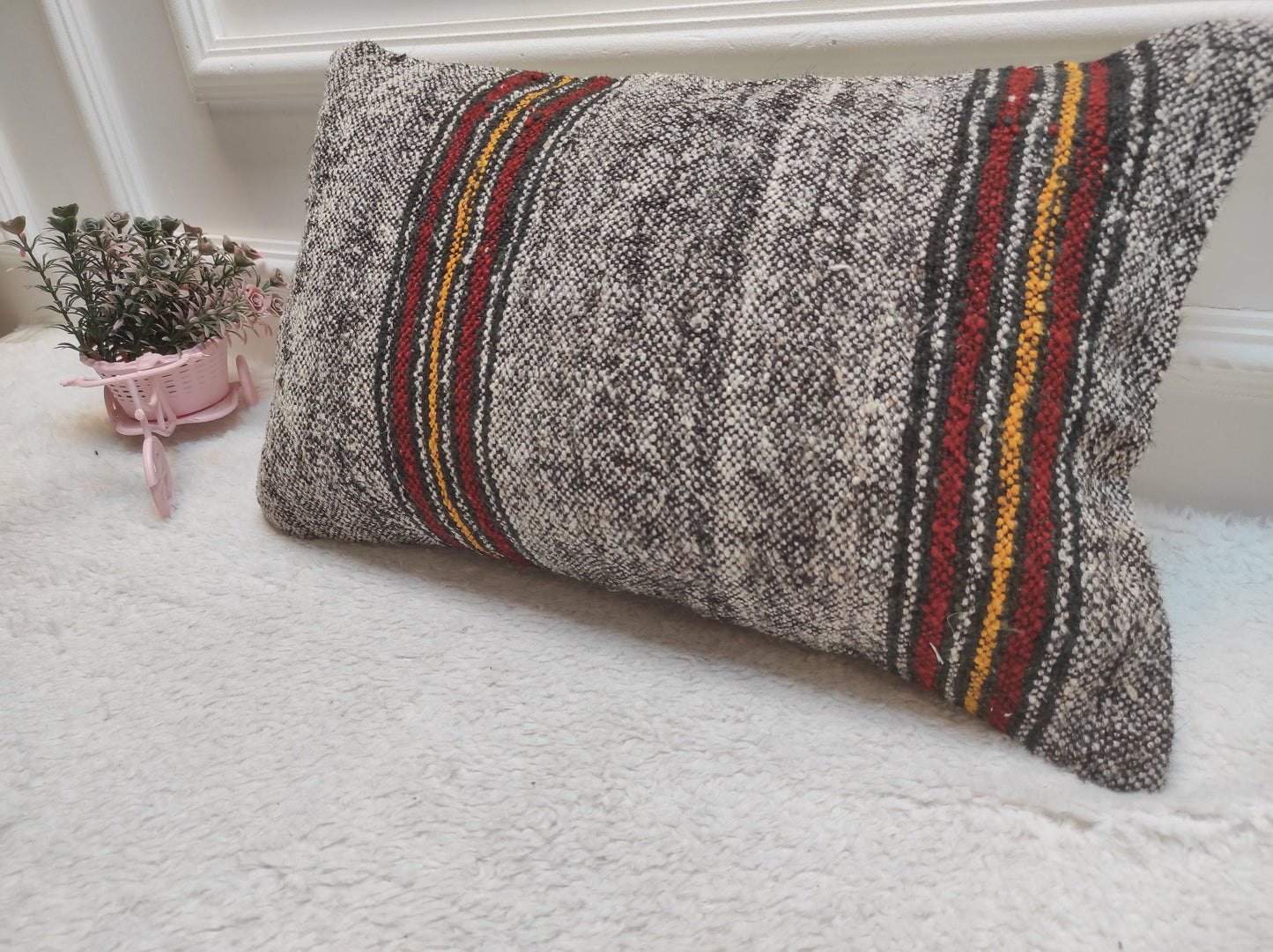 Handmade Kilim Pillow Cover: Upcycled Woven Rug, Rustic Ethnic Decor (12x20 inc)
