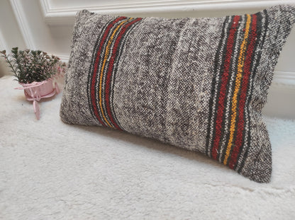 Handmade Kilim Pillow Cover: Upcycled Woven Rug, Rustic Ethnic Decor (12x20 inc)