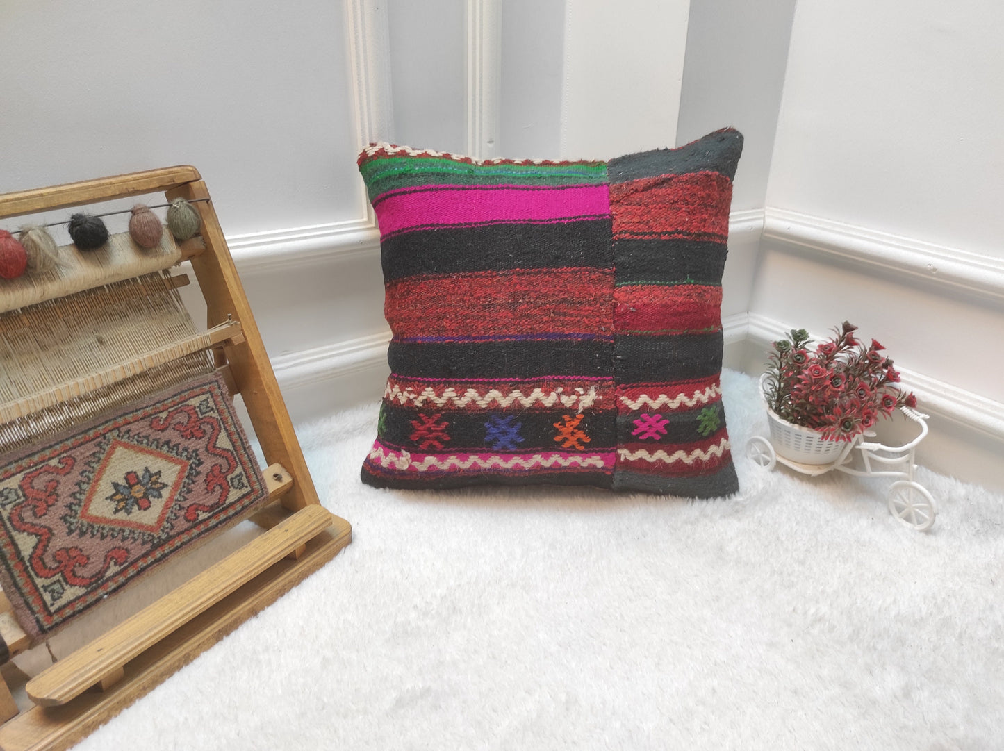 Handwoven Kilim Pillow Cover: Vintage Tribal Rug, 16x16 Inch