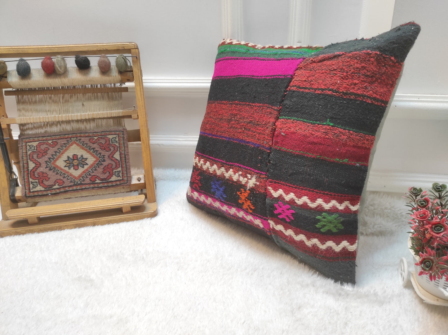 Handwoven Kilim Pillow Cover: Vintage Tribal Rug, 16x16 Inch