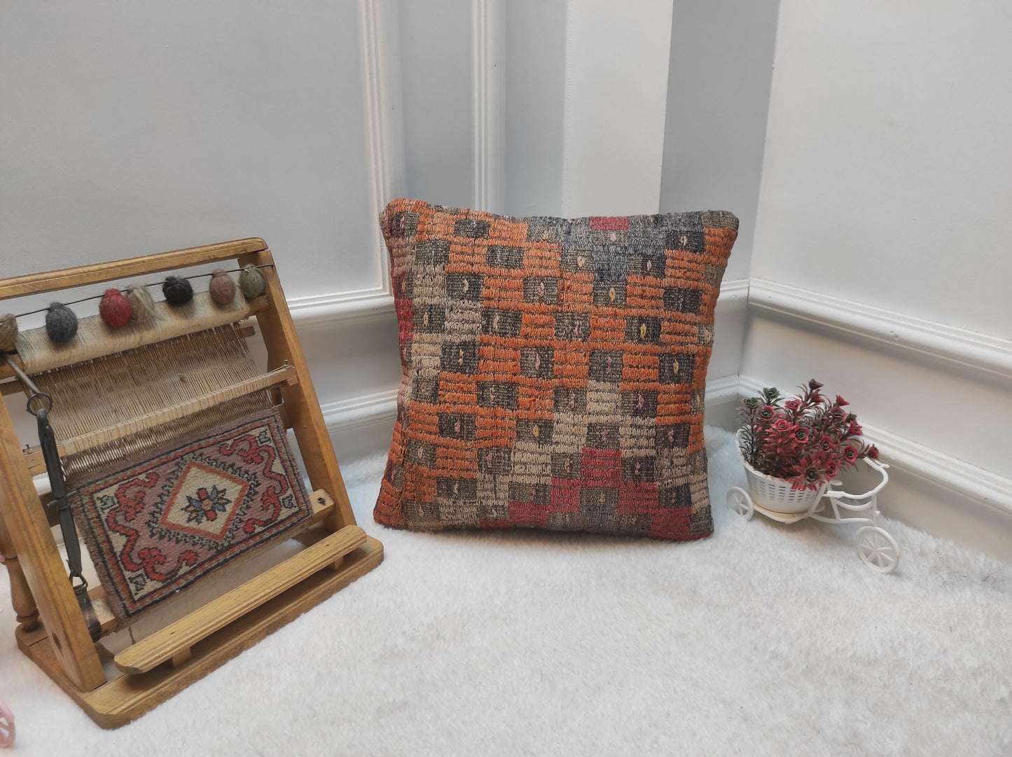 Handmade Kilim Pillow Cover: Upcycled Woven Rug, Bohemian Decor (16x16 inc)