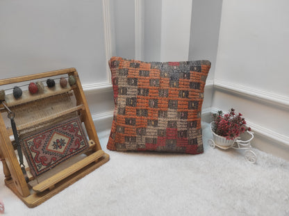 Handmade Kilim Pillow Cover: Upcycled Woven Rug, Bohemian Decor (16x16 inc)