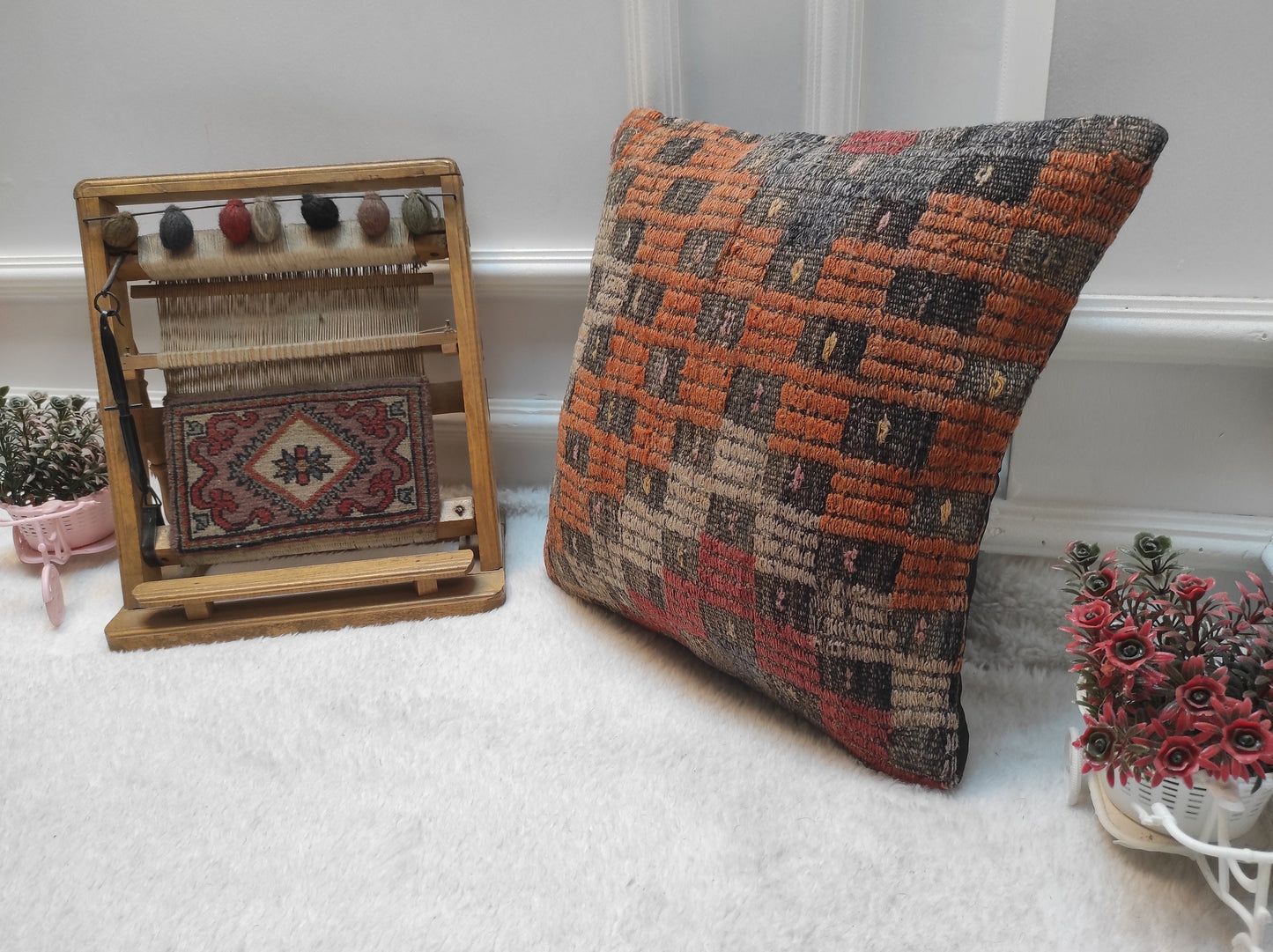 Handmade Kilim Pillow Cover: Upcycled Woven Rug, Bohemian Decor (16x16 inc)