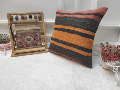 Handmade Kilim Pillow Cover: Black & Orange Bohemian Pillow (16x16 inc)