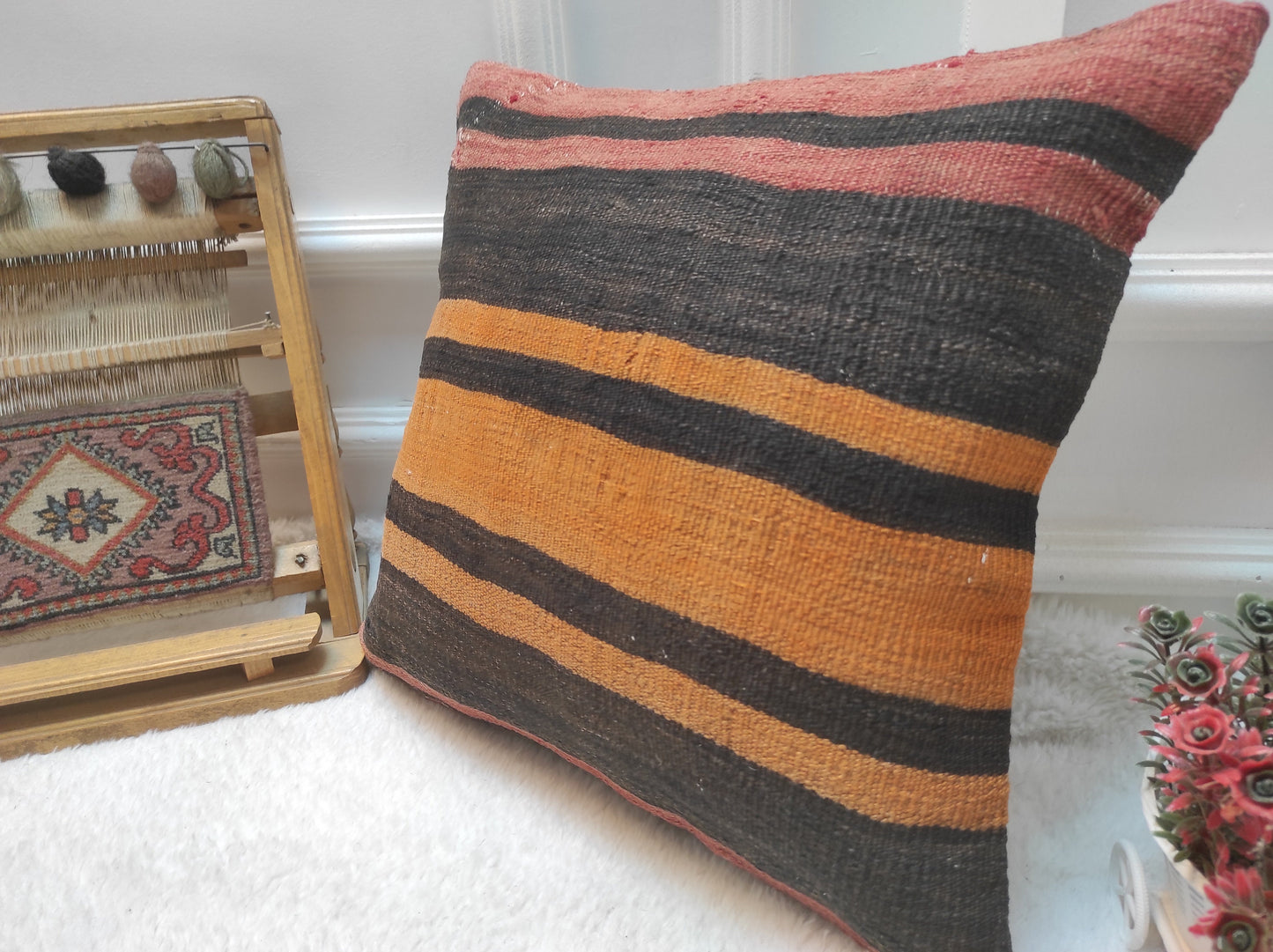 Handmade Kilim Pillow Cover: Black & Orange Bohemian Pillow (16x16 inc)