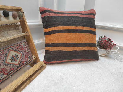 Handmade Kilim Pillow Cover: Black & Orange Bohemian Pillow (16x16 inc)