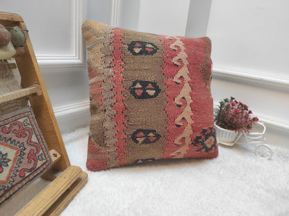 Handmade Kilim Pillow Cover: Upcycled Woven Rug, Bohemian Decor (16x16 in)