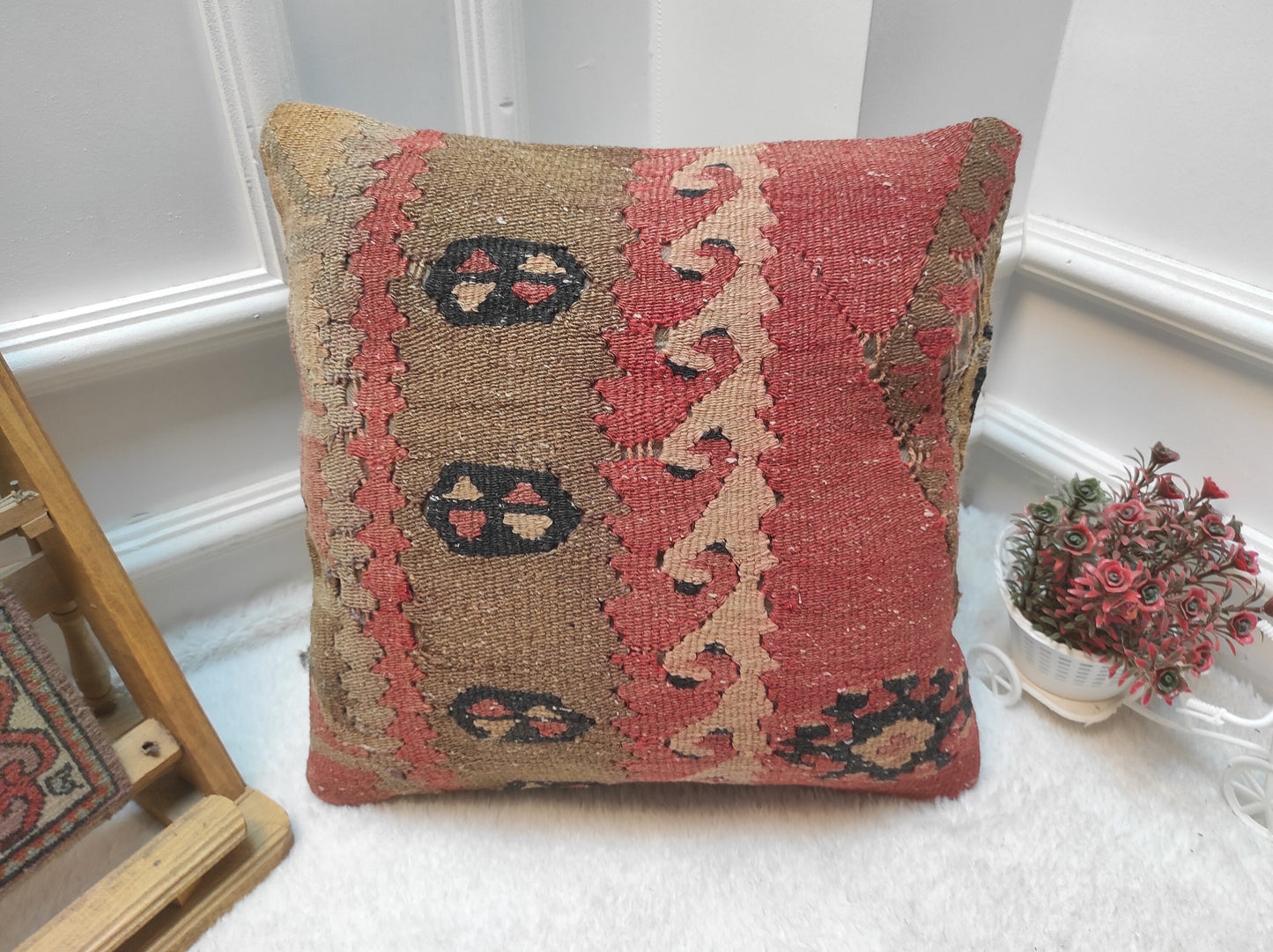 Handmade Kilim Pillow Cover: Upcycled Woven Rug, Bohemian Decor (16x16 in)