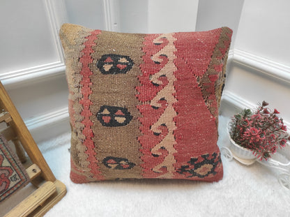 Handmade Kilim Pillow Cover: Upcycled Woven Rug, Bohemian Decor (16x16 in)