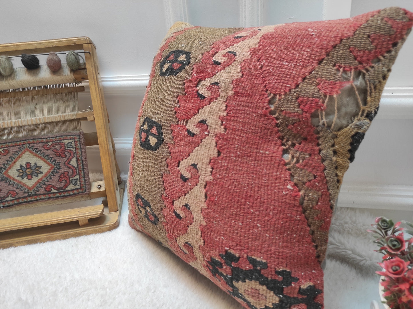 Handmade Kilim Pillow Cover: Upcycled Woven Rug, Bohemian Decor (16x16 in)