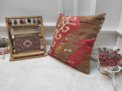 Handmade Kilim Pillow Cover: Upcycled Woven Rug, 16x16 in