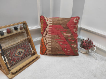 Handmade Kilim Pillow Cover: Bohemian Woven Rug, 16x16