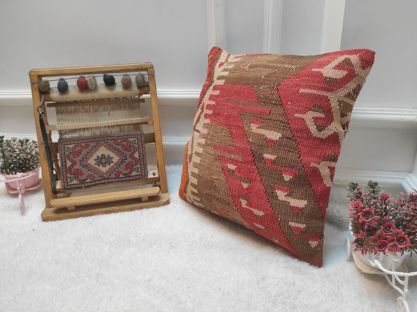 Handmade Kilim Pillow Cover: Bohemian Woven Rug, 16x16
