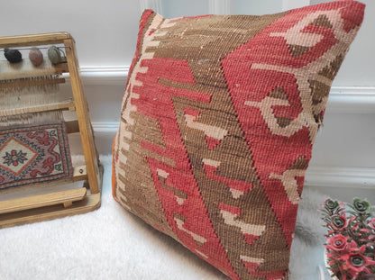 Handmade Kilim Pillow Cover: Bohemian Woven Rug, 16x16