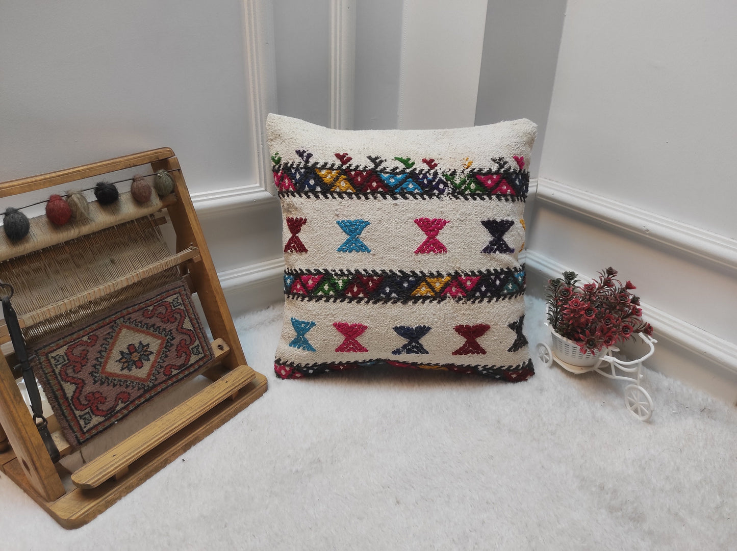 Handwoven Kilim Pillow Cover: Upcycled Bohemian Rug Pillow (16x16 Inc)