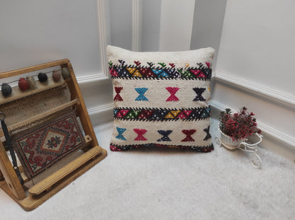 Handwoven Kilim Pillow Cover: Upcycled Bohemian Rug Pillow (16x16 Inc)