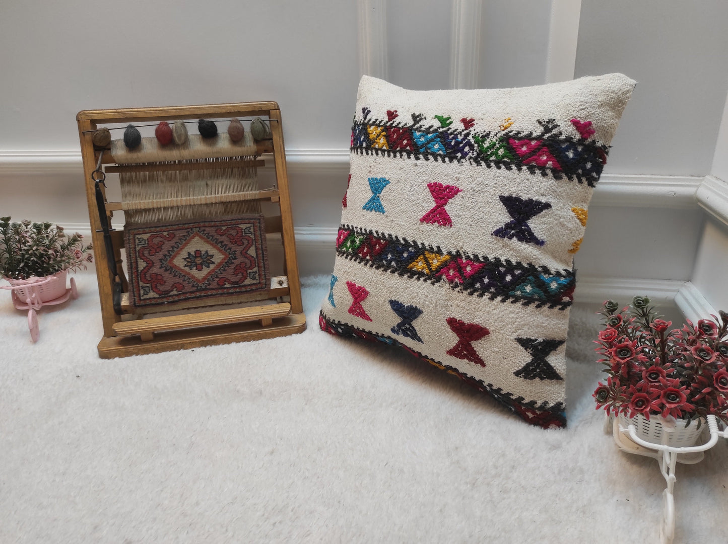 Handwoven Kilim Pillow Cover: Upcycled Bohemian Rug Pillow (16x16 Inc)